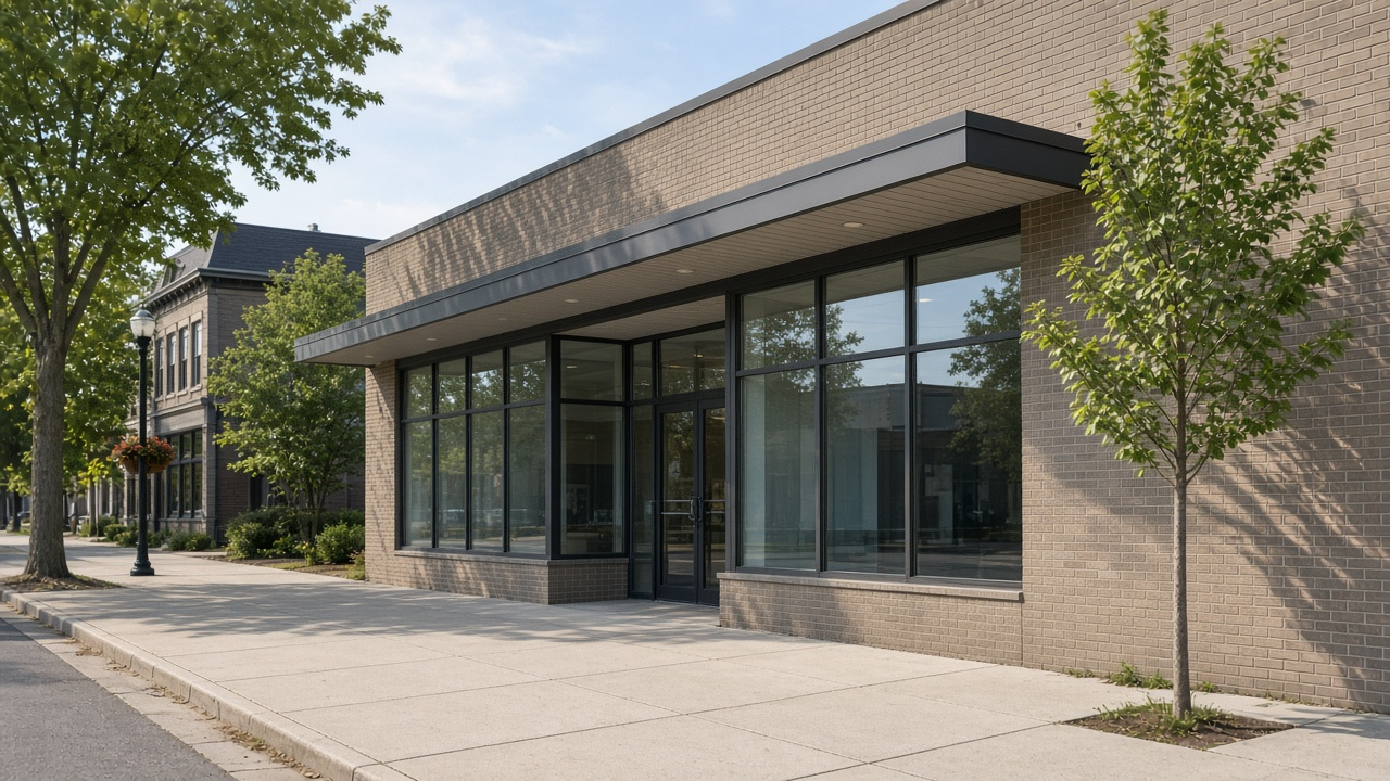 Daylight view of a brick commercial front, glass entrance, and sidewalk